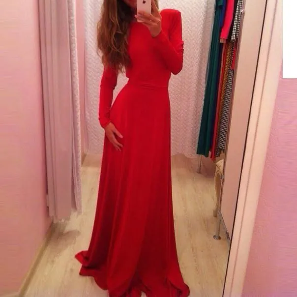 Clearance Long Sleeves Pure Color V-Back Backless Long Dress