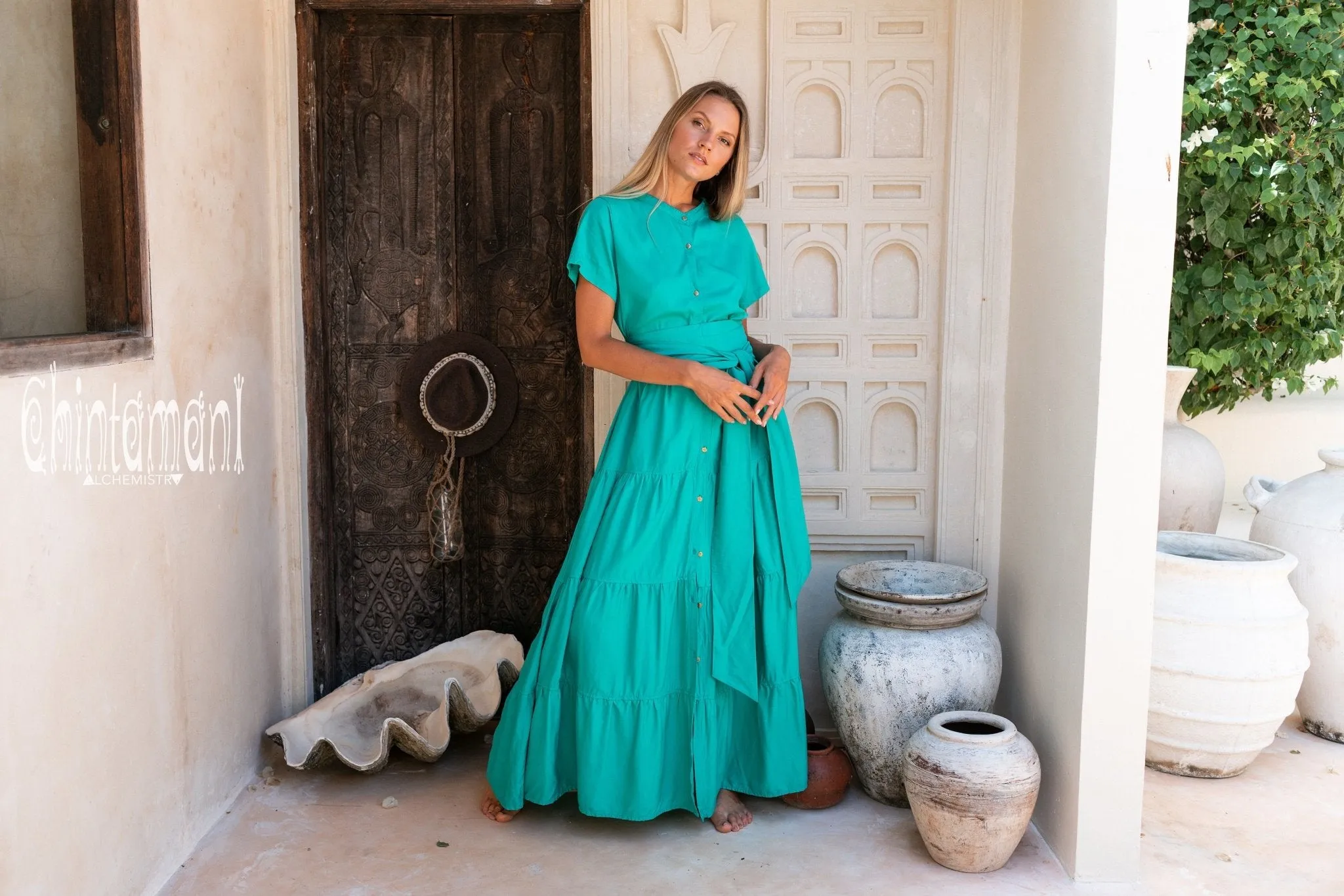 Cotton Maxi Shirt Dress / Green