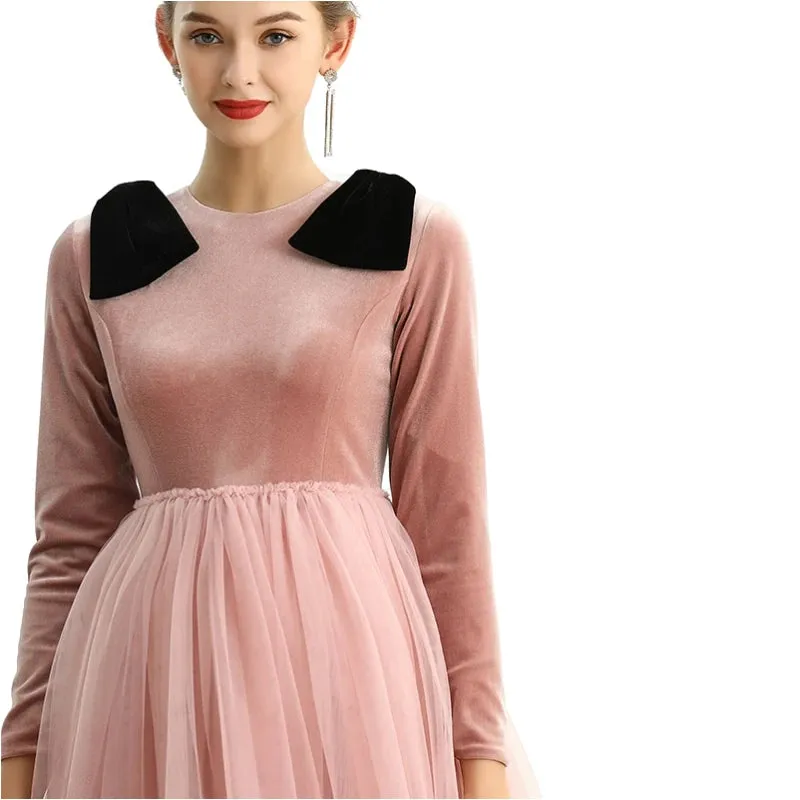 D191 Girls velvet long sleeves full shape flared design evening long tulle gown