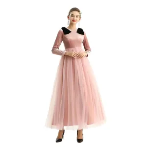 D191 Girls velvet long sleeves full shape flared design evening long tulle gown