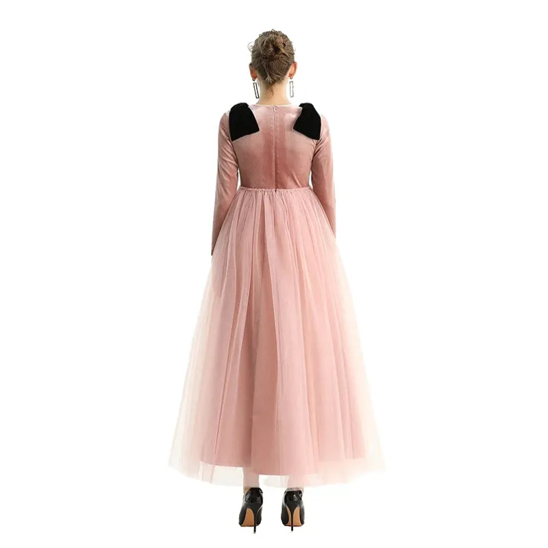 D191 Girls velvet long sleeves full shape flared design evening long tulle gown