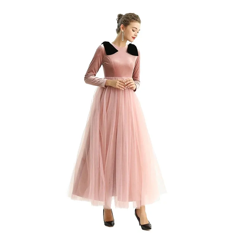 D191 Girls velvet long sleeves full shape flared design evening long tulle gown