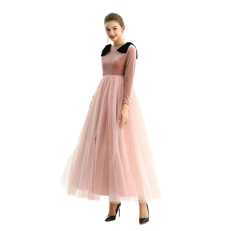 D191 Girls velvet long sleeves full shape flared design evening long tulle gown