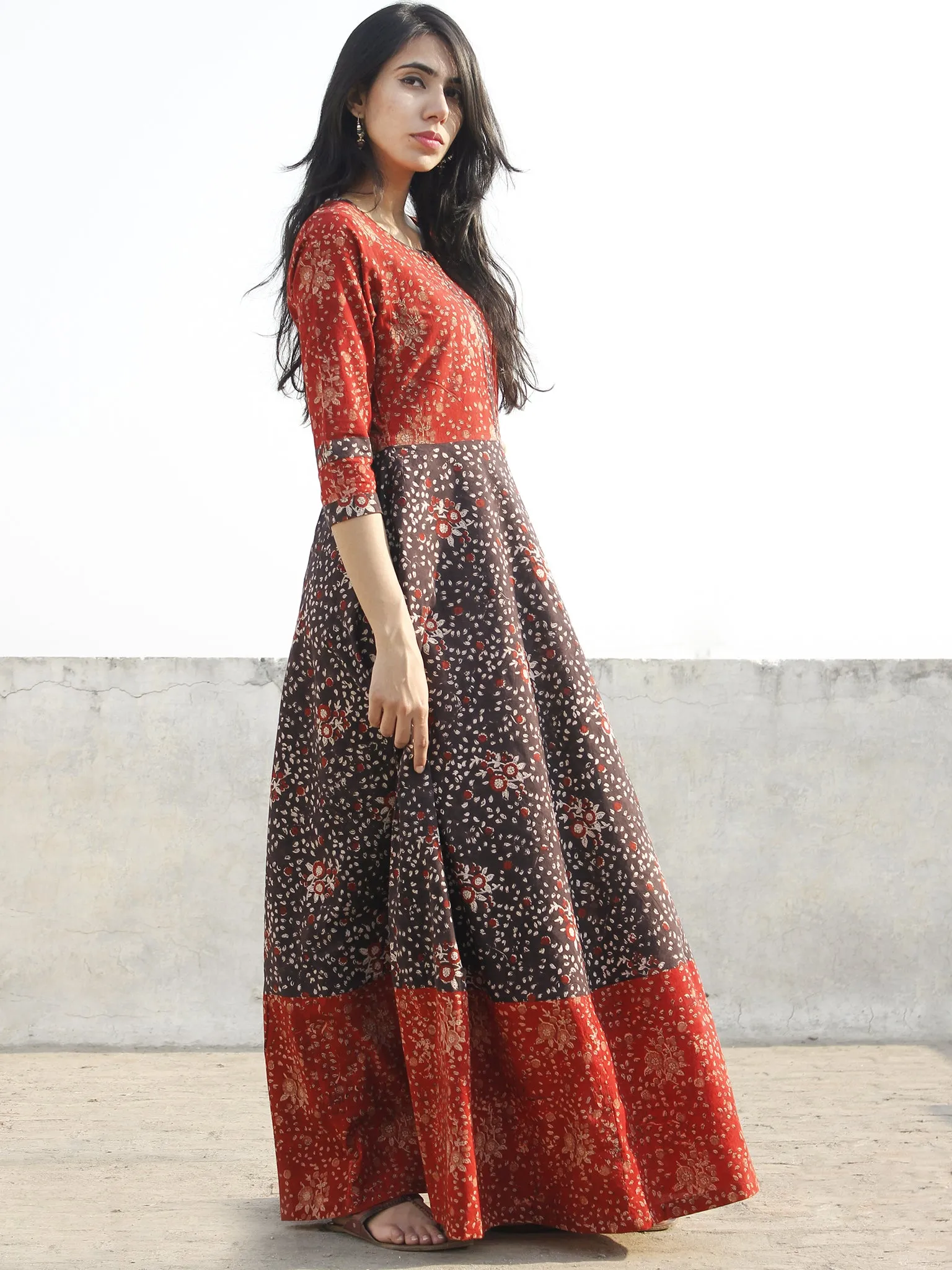 Deep Red Black Maroon Beige Hand Block Printed Long Cotton Dress - D150F1150