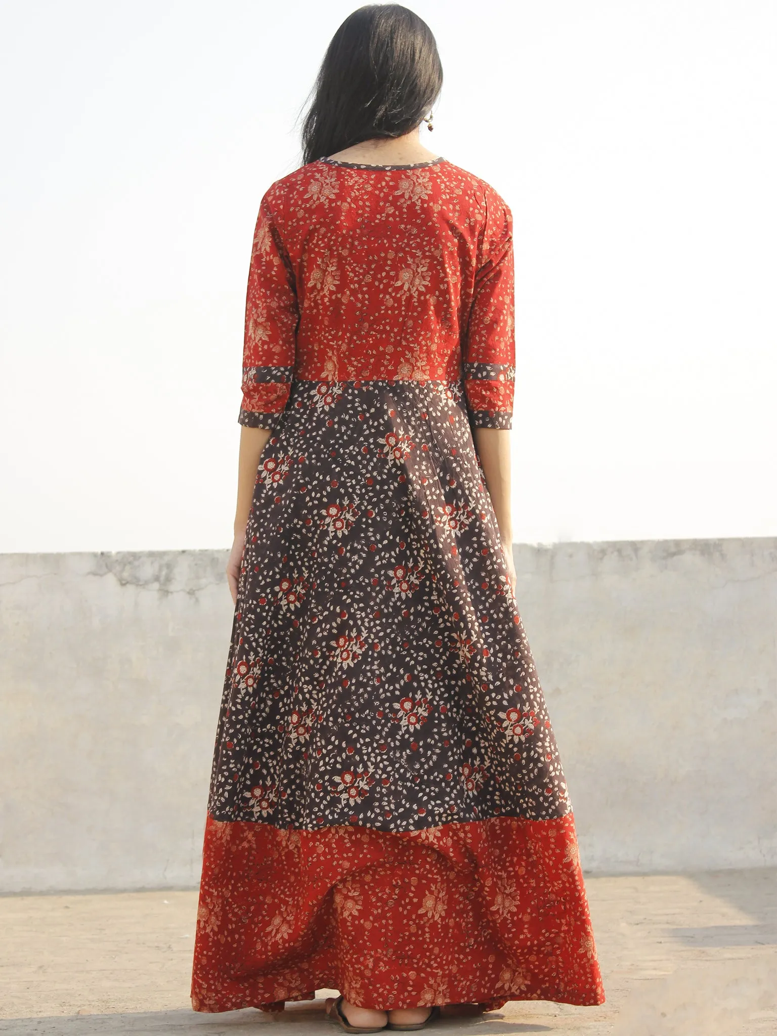 Deep Red Black Maroon Beige Hand Block Printed Long Cotton Dress - D150F1150