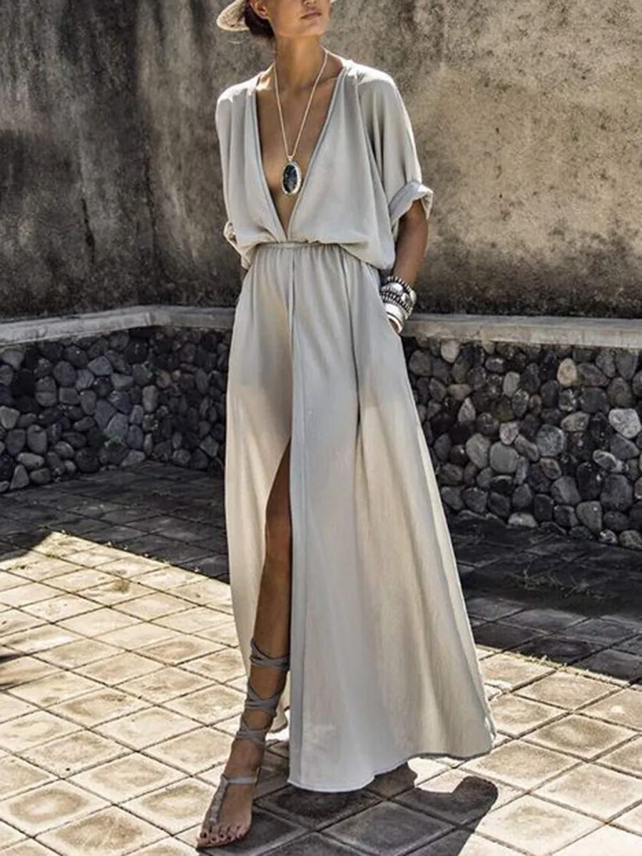 Deep V-neck High Waist Women Candy Color Long Split Dress