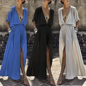 Deep V-neck High Waist Women Candy Color Long Split Dress