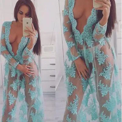 Deep V-neck Long Sleeves Transparent Embroidered Long Dress