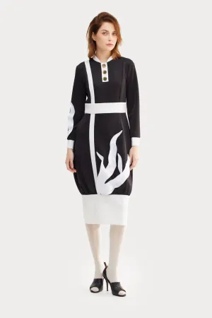 Designer Black Midi Dress With Satin Details And Barrel-Style Skirt