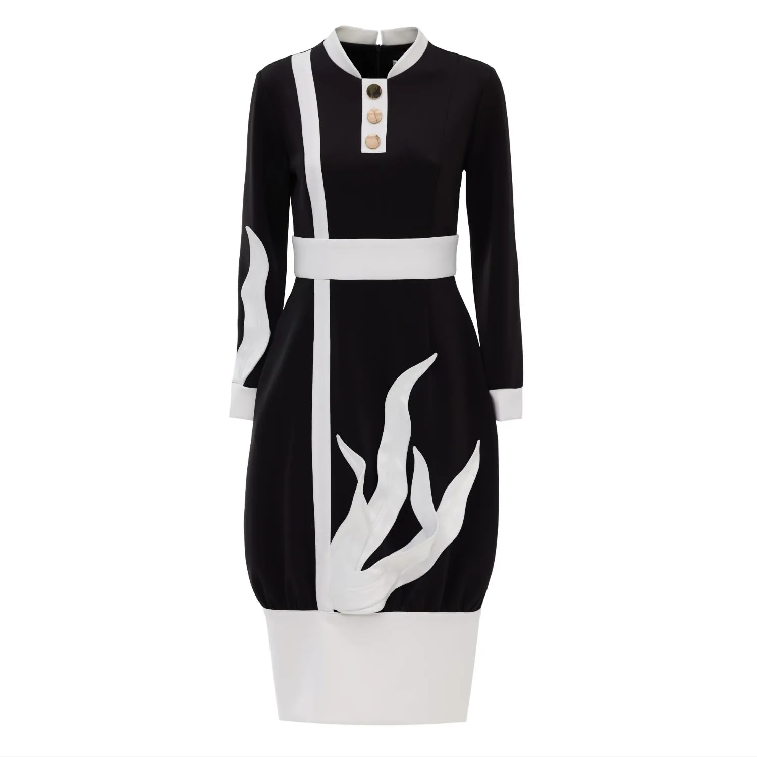 Designer Black Midi Dress With Satin Details And Barrel-Style Skirt