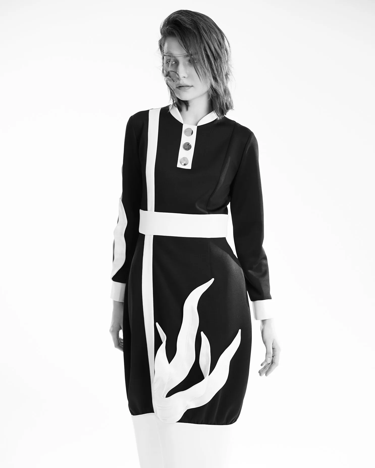 Designer Black Midi Dress With Satin Details And Barrel-Style Skirt