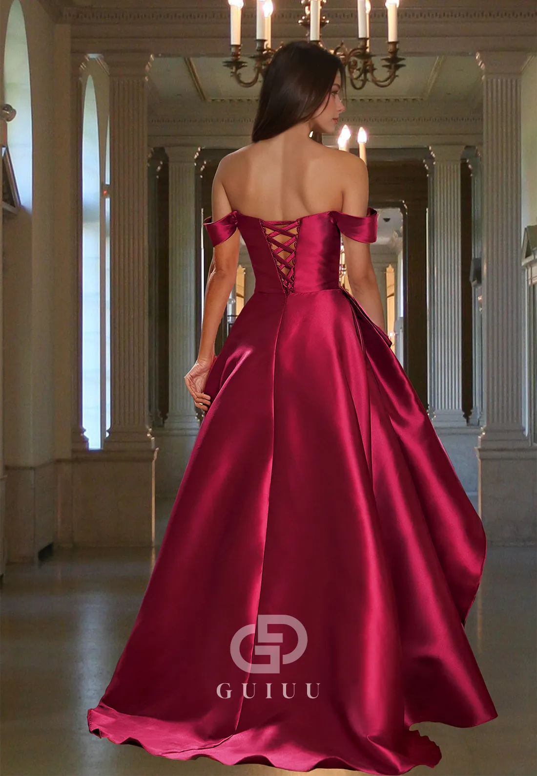 Elegant A-Line Cap Sleeves Prom Dress with Slit Empire-Waist Lace-Up Back Evening Party Dress