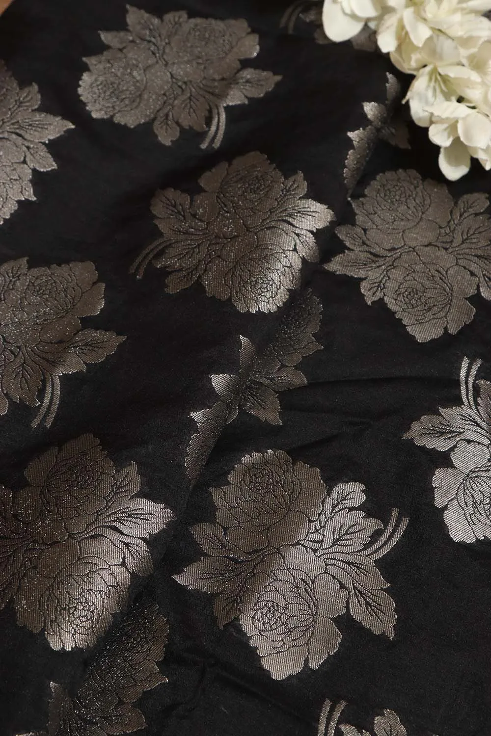 Elegant Black Banarasi Silk Silver Zari Floral Design Fabric ( 1 Mtr )