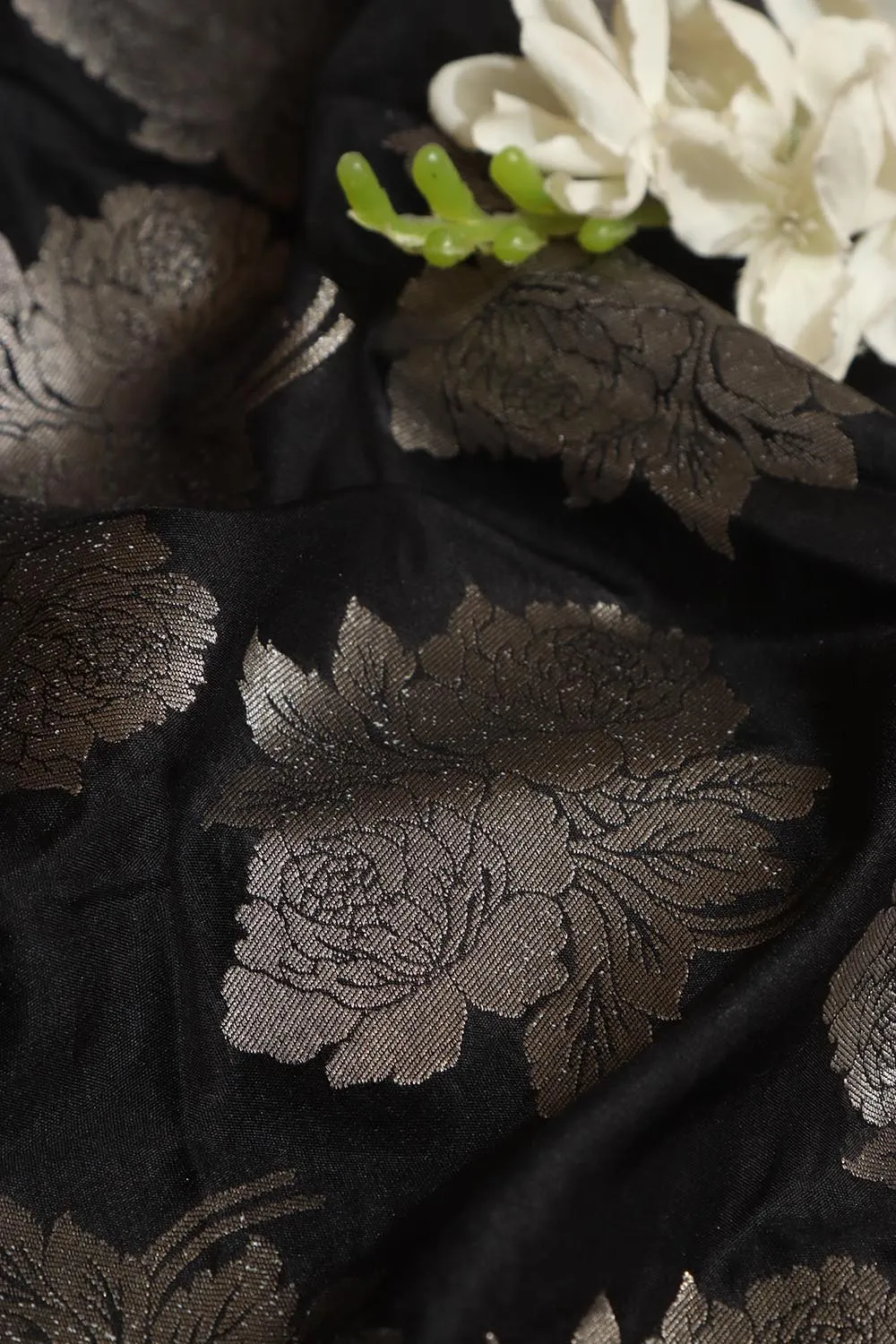 Elegant Black Banarasi Silk Silver Zari Floral Design Fabric ( 1 Mtr )