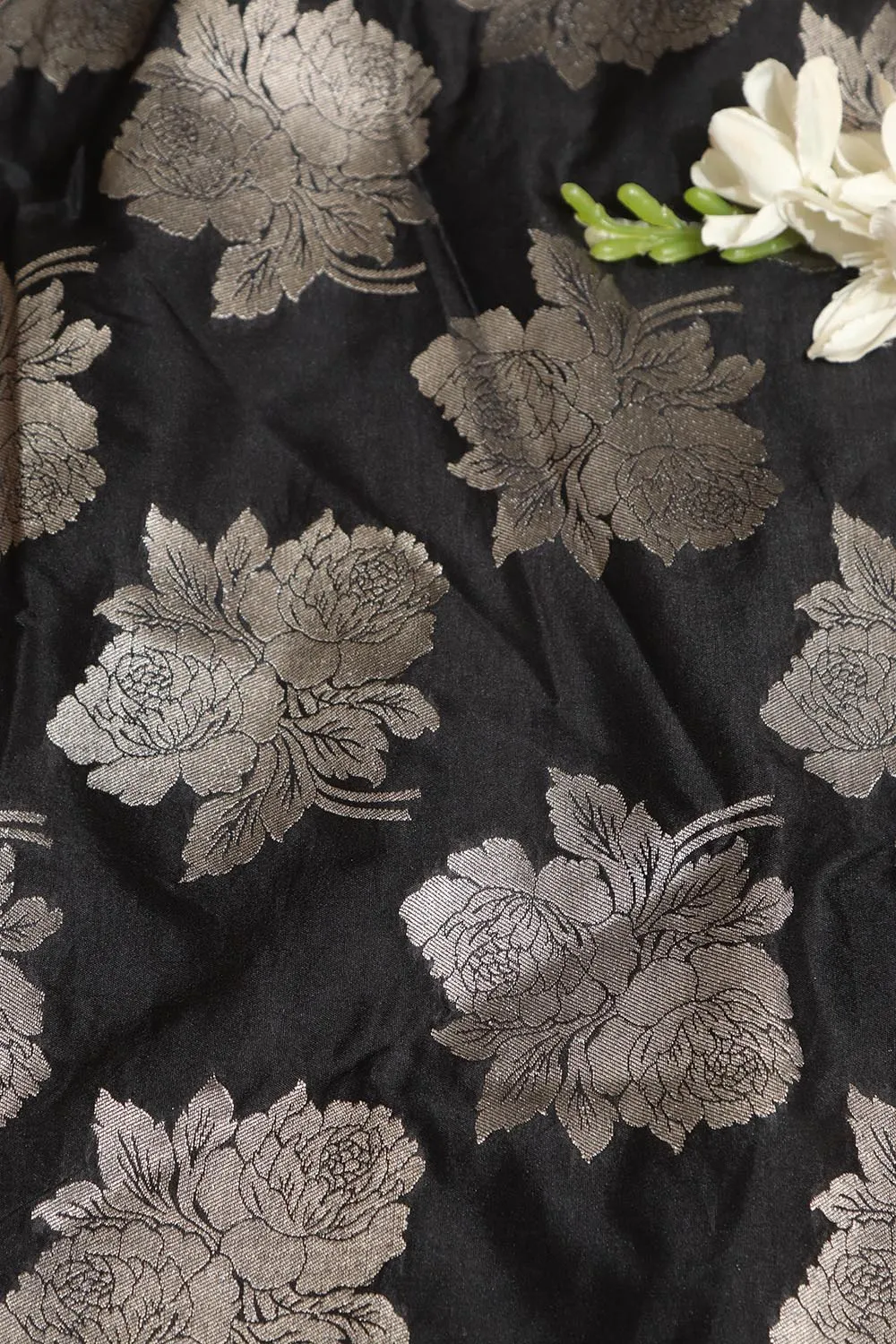 Elegant Black Banarasi Silk Silver Zari Floral Design Fabric ( 1 Mtr )