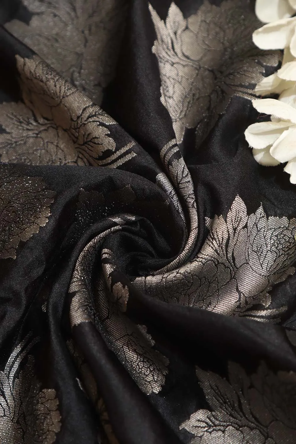 Elegant Black Banarasi Silk Silver Zari Floral Design Fabric ( 1 Mtr )