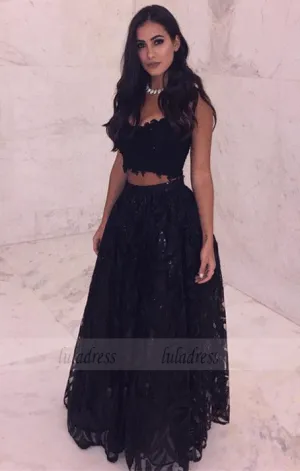 Elegant Black Lace Two Piece Prom Dresses Ball Gowns Floor Length Evening Dress