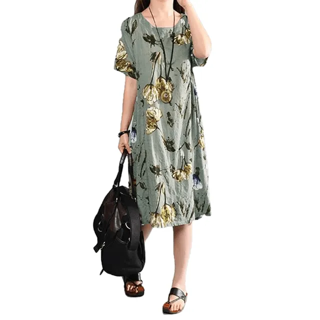 Elegant Floral Print Short Sleeve Midi Dresses