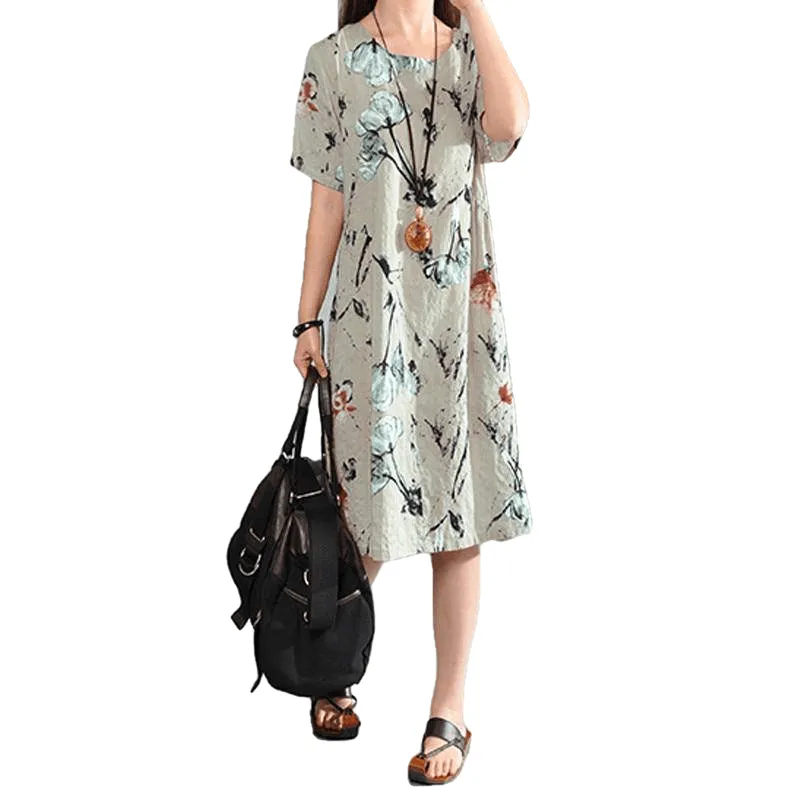 Elegant Floral Print Short Sleeve Midi Dresses