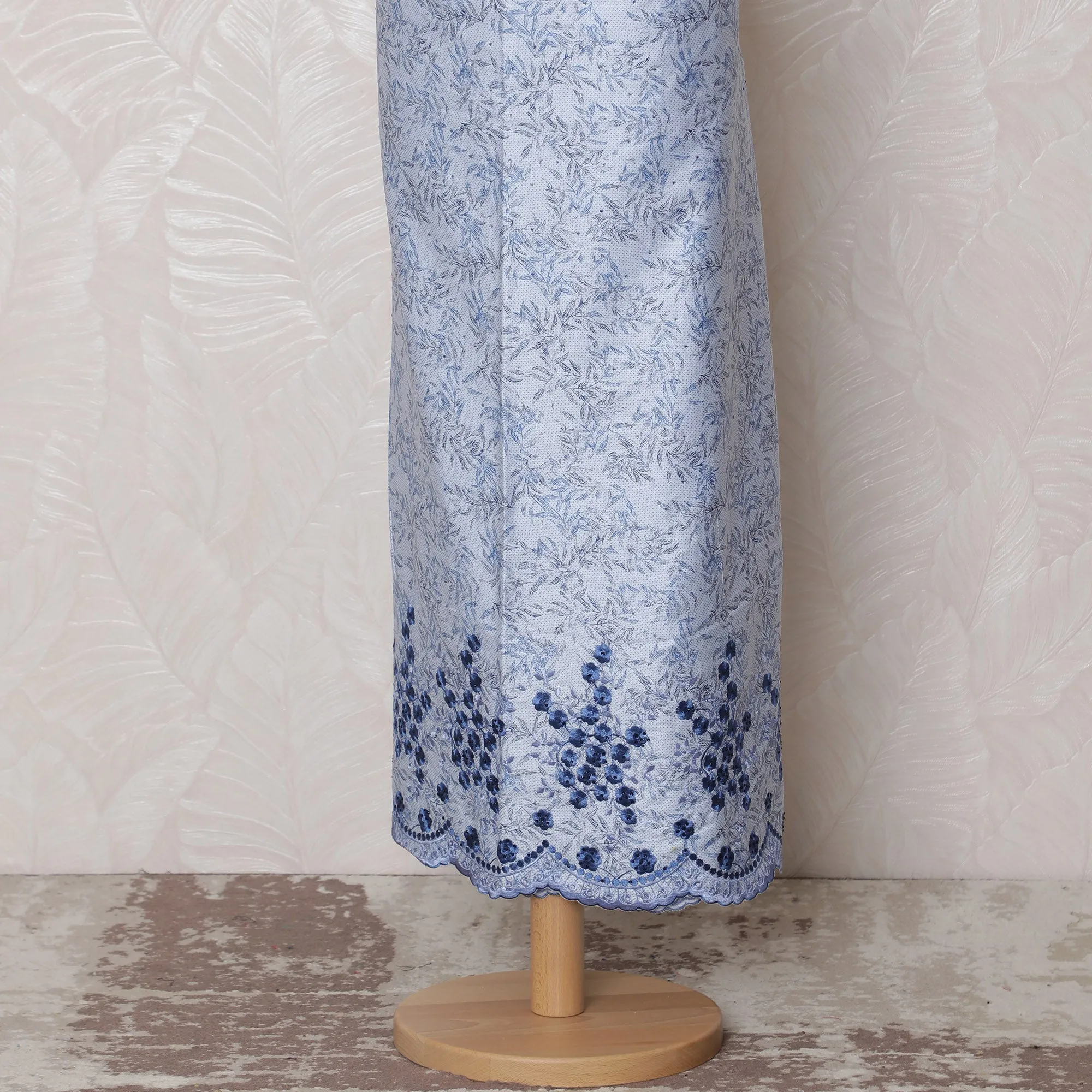 Elegant Light Blue Blended Cotton Fabric with Navy Blue Floral Embroidery - Last Piece of 3.0 Meters, 110 cm Width-D19780