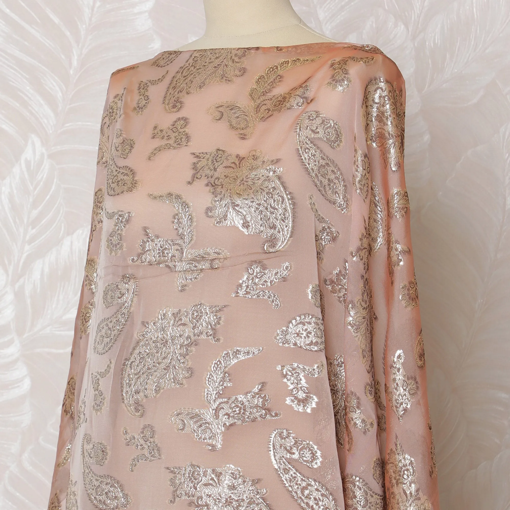 Elegant Peach Paisley French Silk Chiffon Fabric with Metallic Lurex, 140 cm Width-D19698