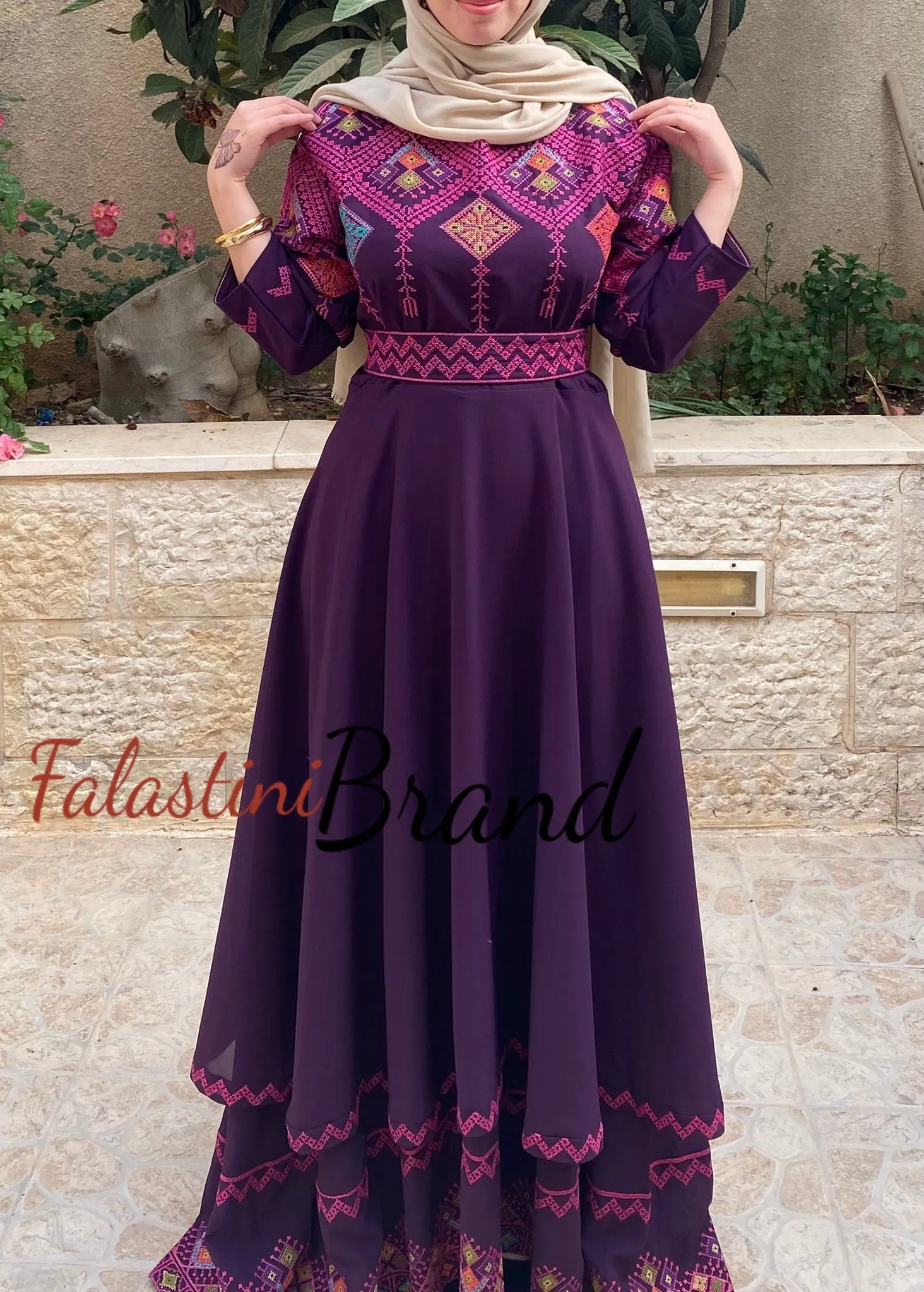 Elegant Purple Palestinian Embroidered Cloche Layered Dress