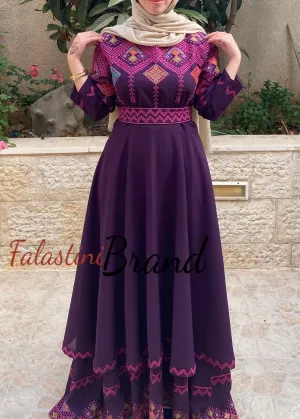 Elegant Purple Palestinian Embroidered Cloche Layered Dress