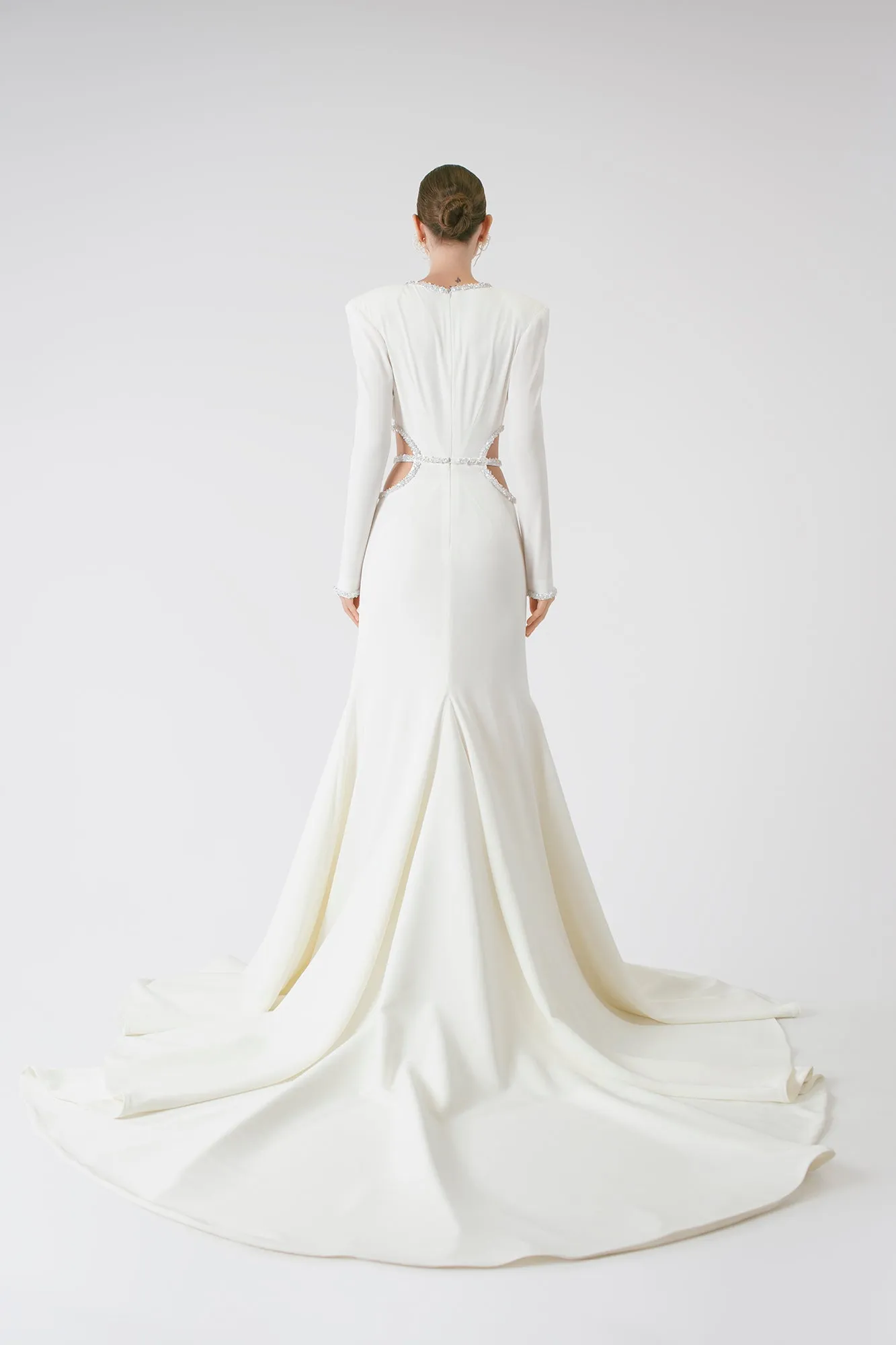 Elegant Satin Long Sleeve Fit-and-Flare Wedding Dress