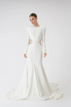 Elegant Satin Long Sleeve Fit-and-Flare Wedding Dress