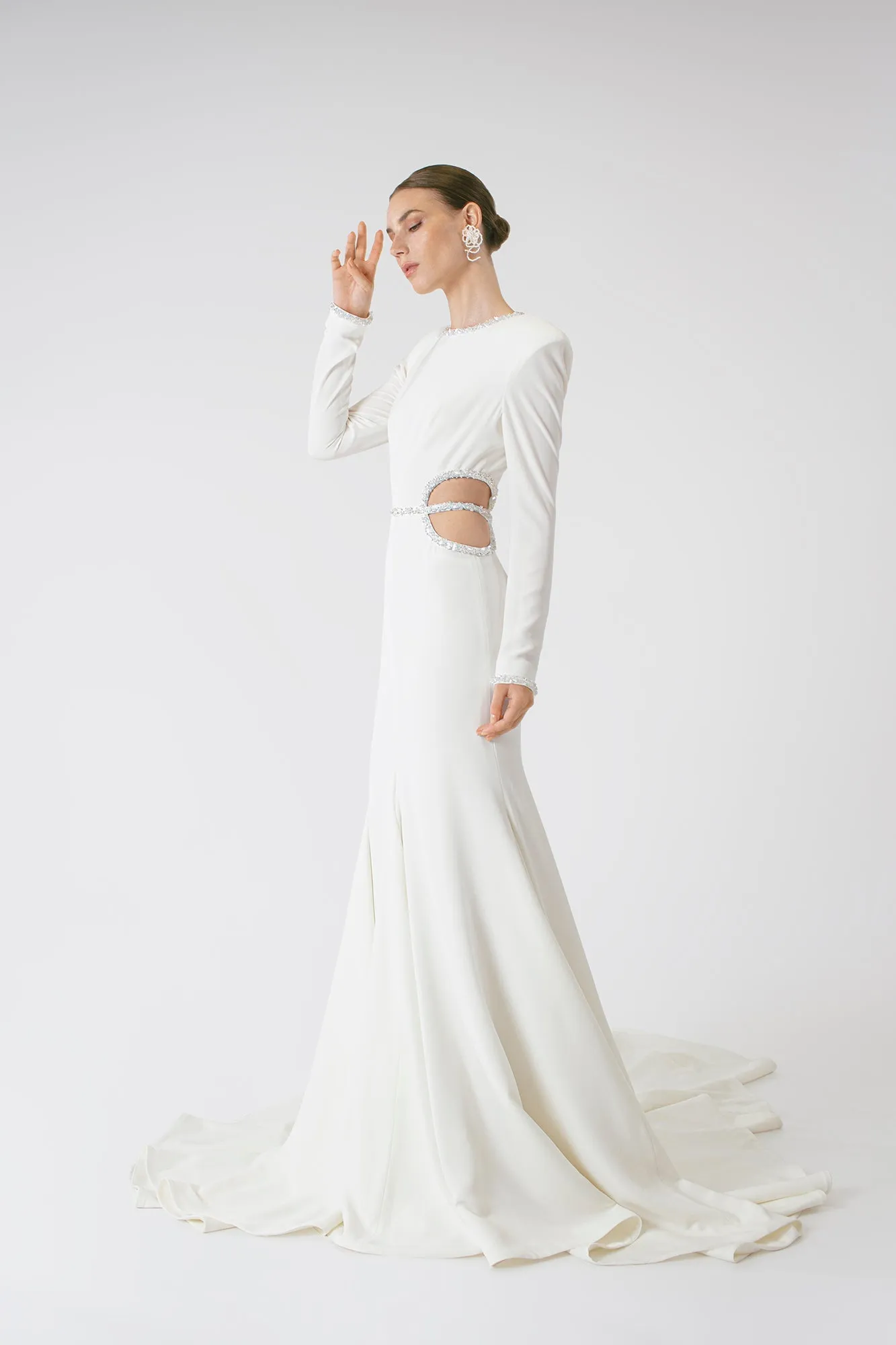 Elegant Satin Long Sleeve Fit-and-Flare Wedding Dress