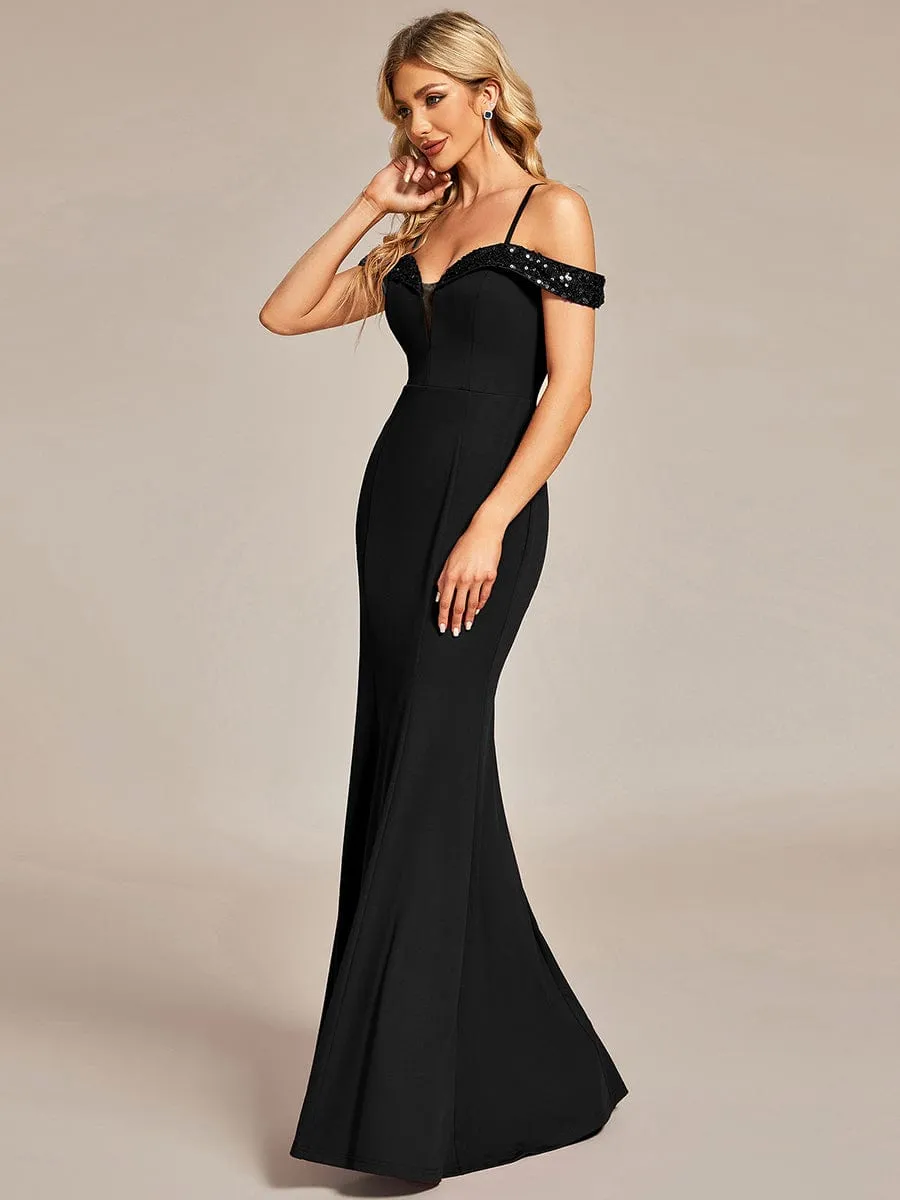 Elegant Sequin Sleeve Evening Dress with Spaghetti Straps