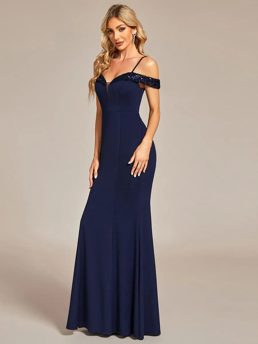 Elegant Sequin Sleeve Evening Dress with Spaghetti Straps