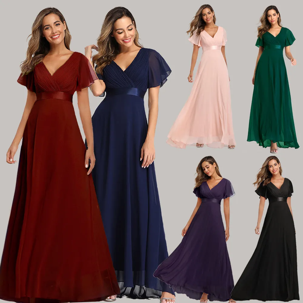 Elegant V Neck Solid Evening Dress