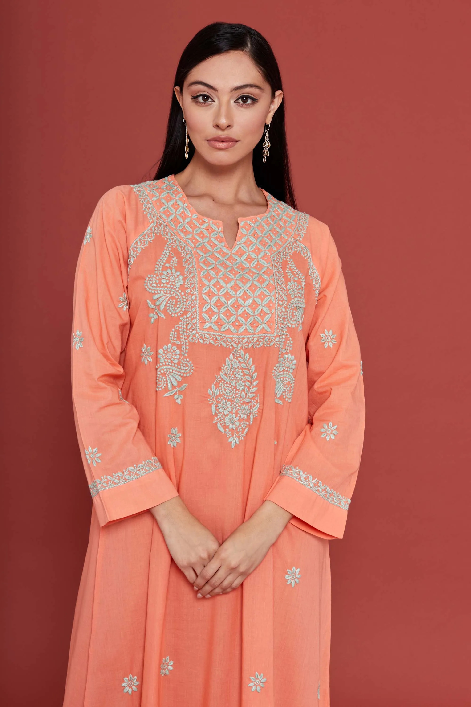 Embroidered Chikankari Kaftan in Coral Peach