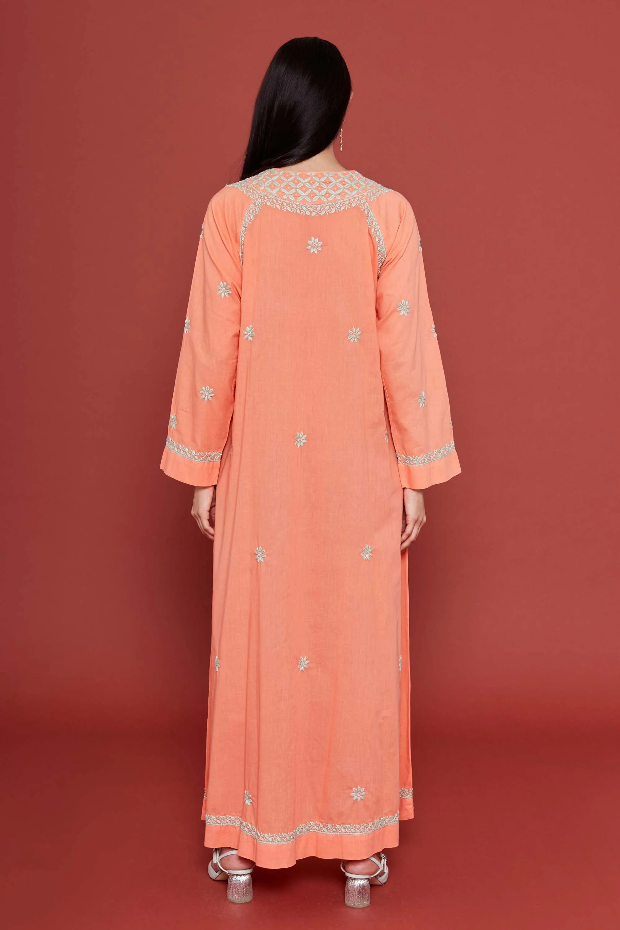 Embroidered Chikankari Kaftan in Coral Peach