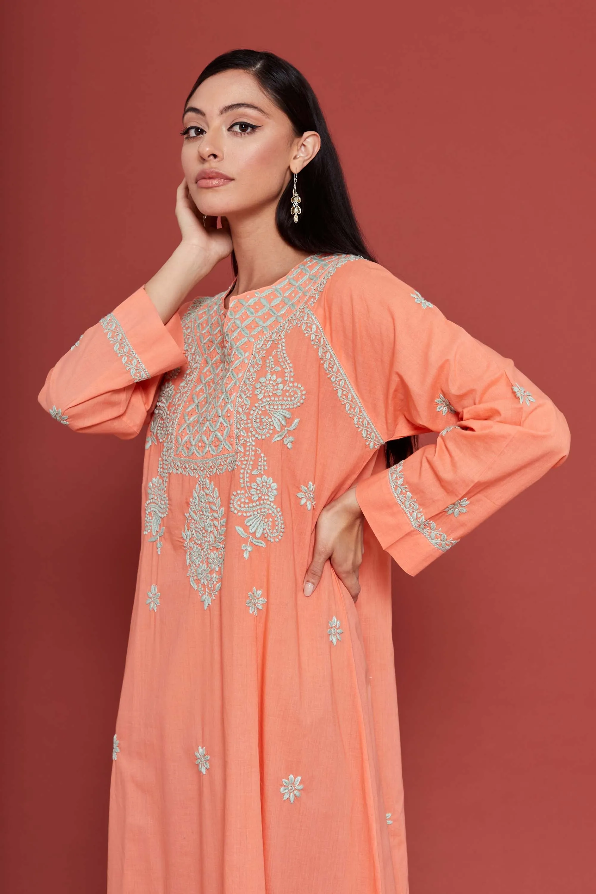 Embroidered Chikankari Kaftan in Coral Peach