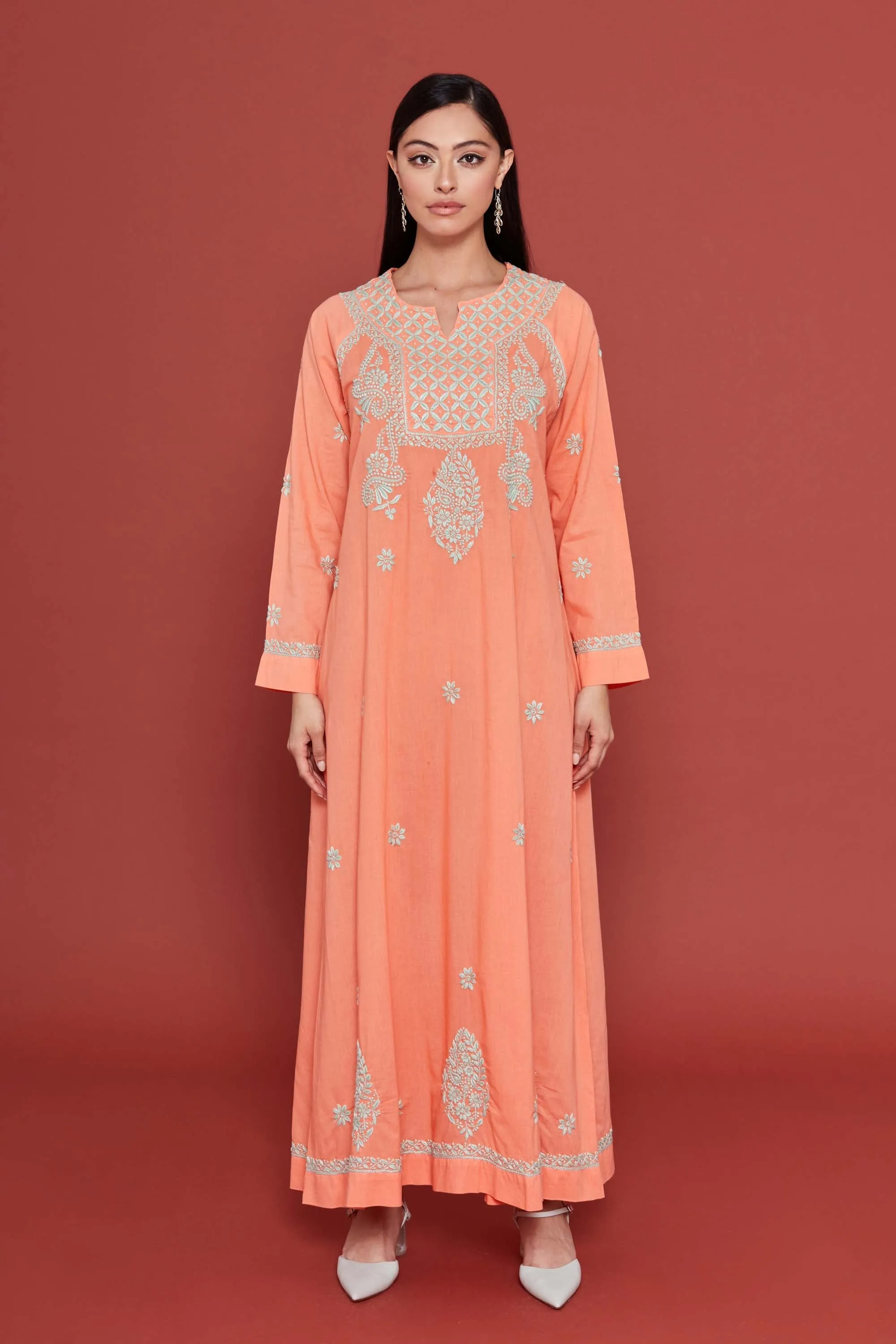 Embroidered Chikankari Kaftan in Coral Peach