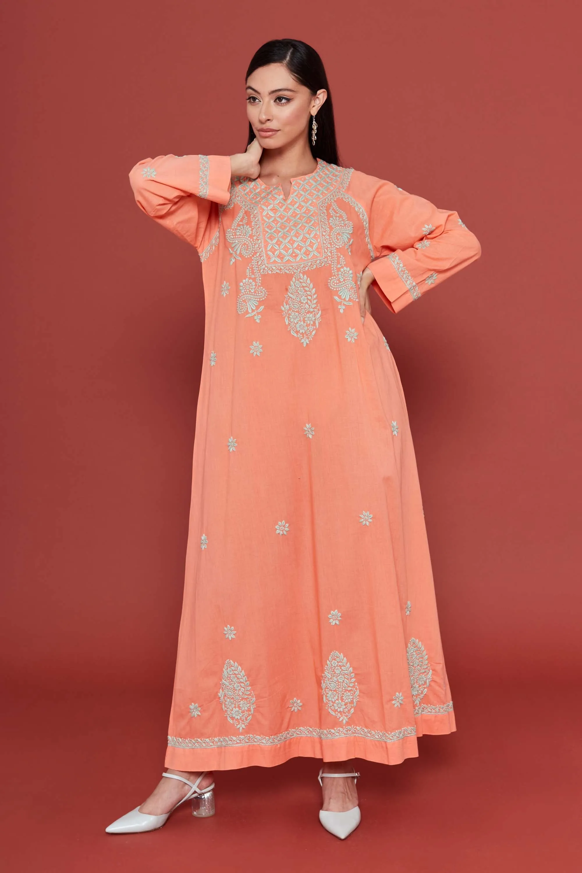 Embroidered Chikankari Kaftan in Coral Peach