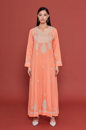 Embroidered Chikankari Kaftan in Coral Peach