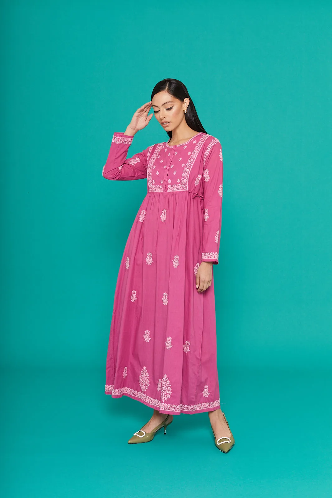 Embroidered Chikankari Kaftan in Orchid Pink