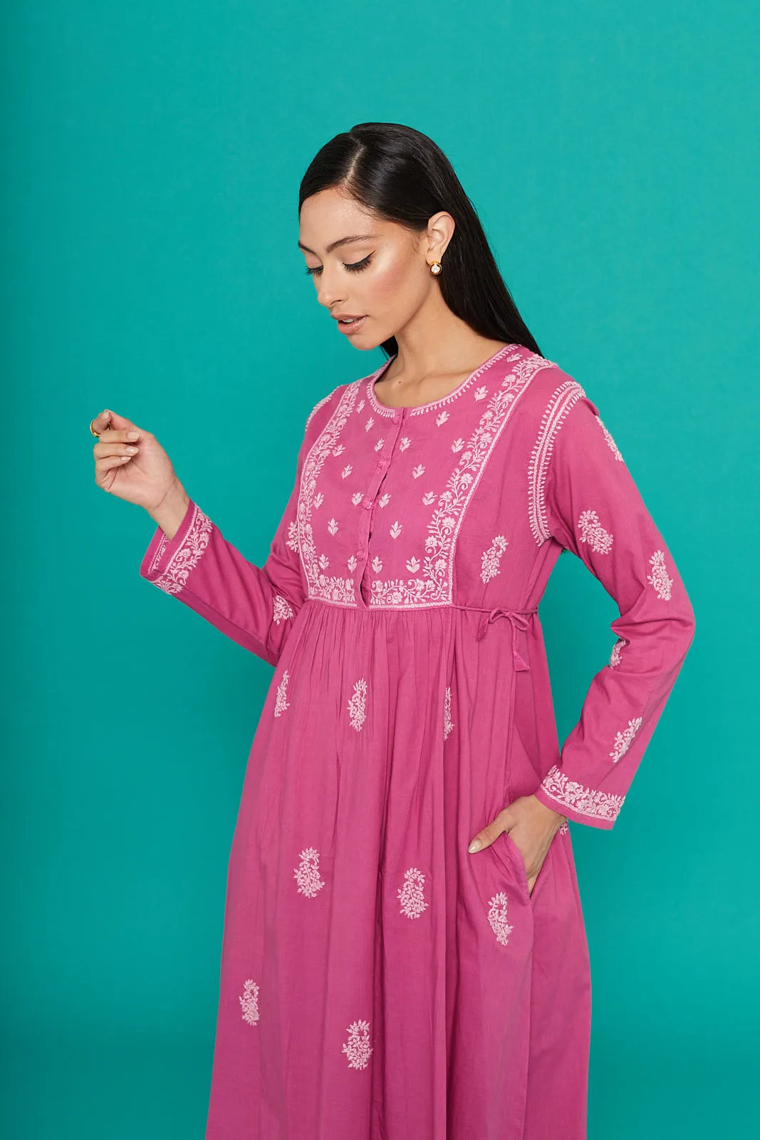 Embroidered Chikankari Kaftan in Orchid Pink