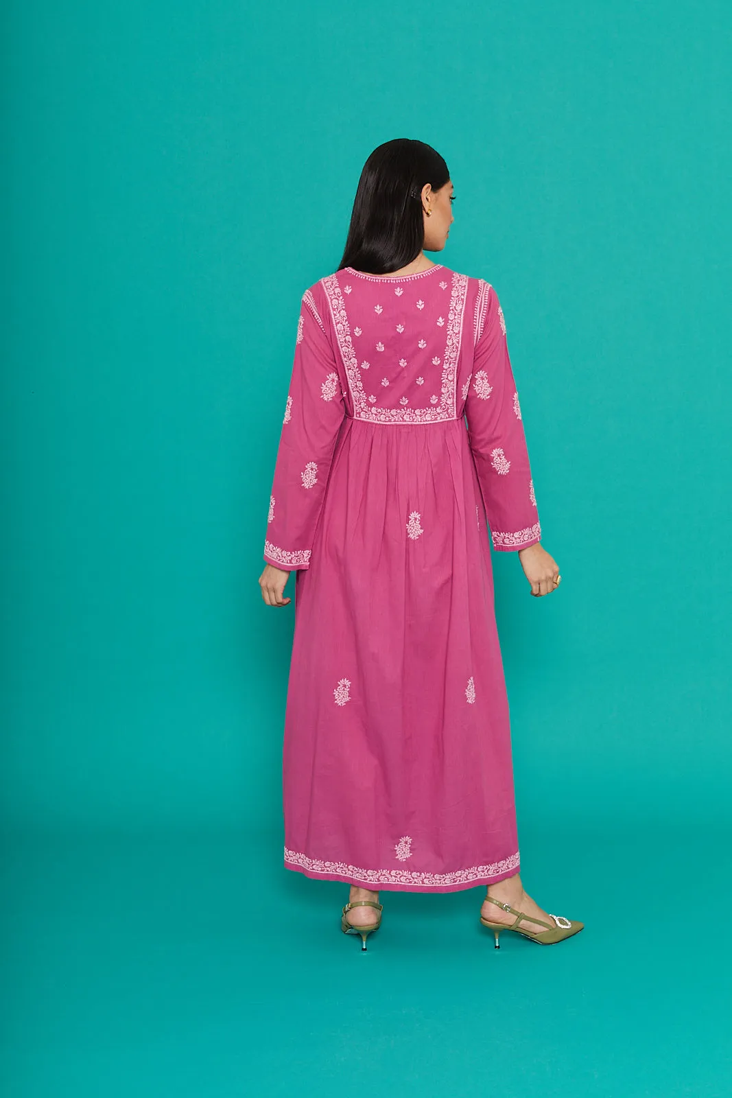 Embroidered Chikankari Kaftan in Orchid Pink