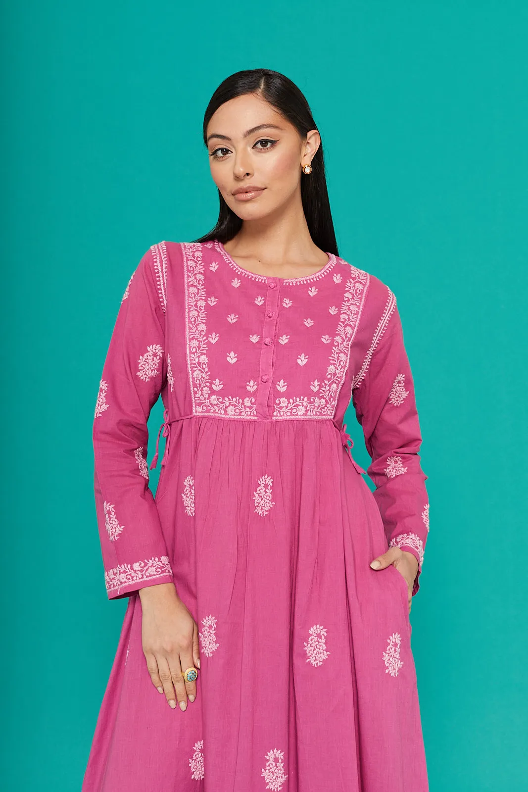 Embroidered Chikankari Kaftan in Orchid Pink