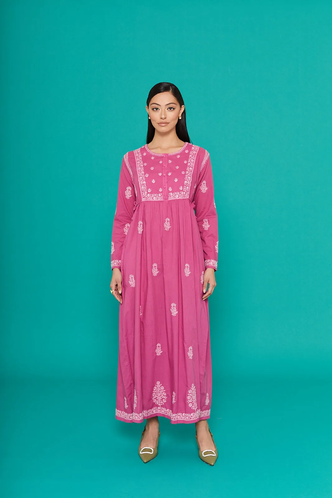 Embroidered Chikankari Kaftan in Orchid Pink