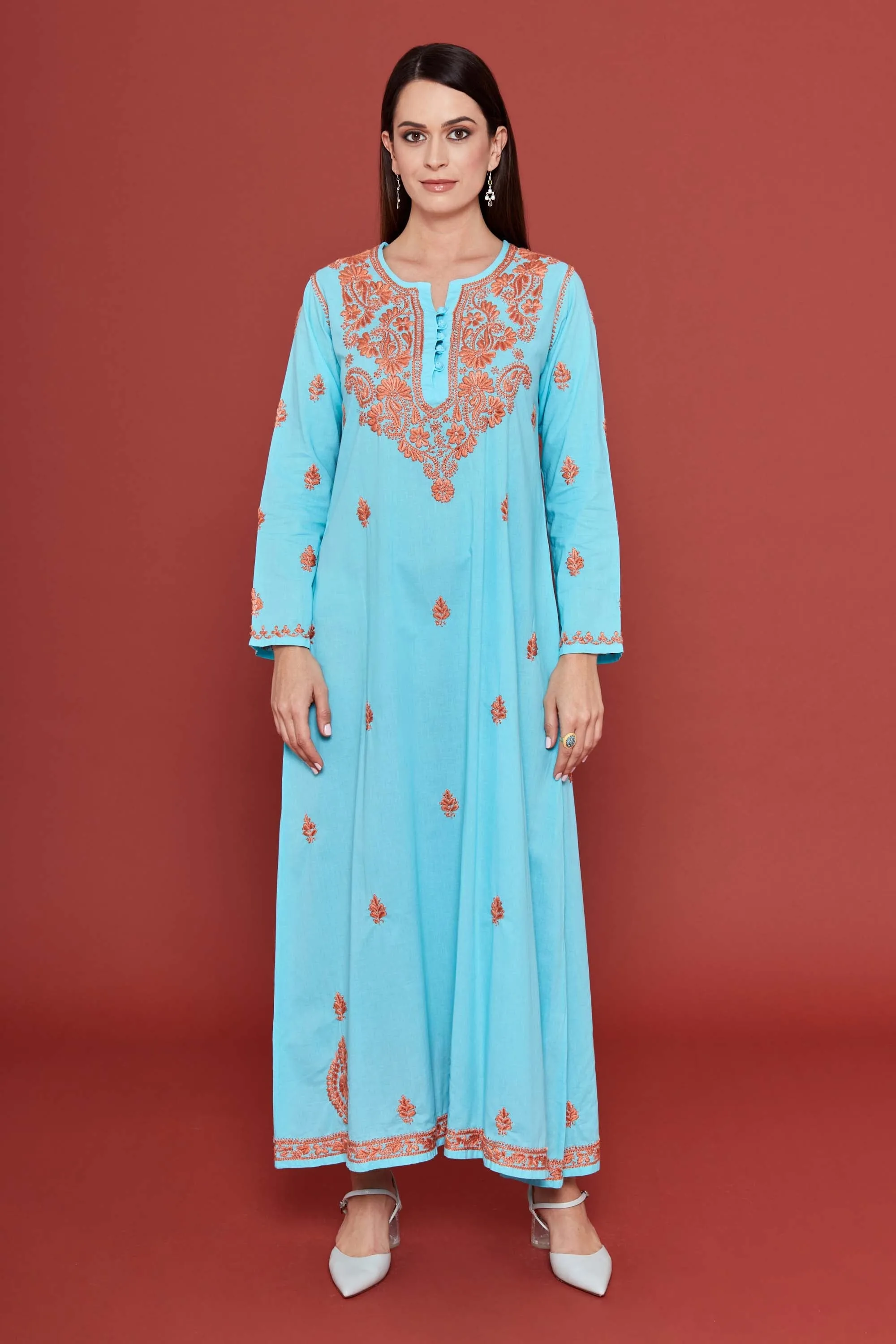 Embroidered Chikankari Kaftan in Pastel Turquoise