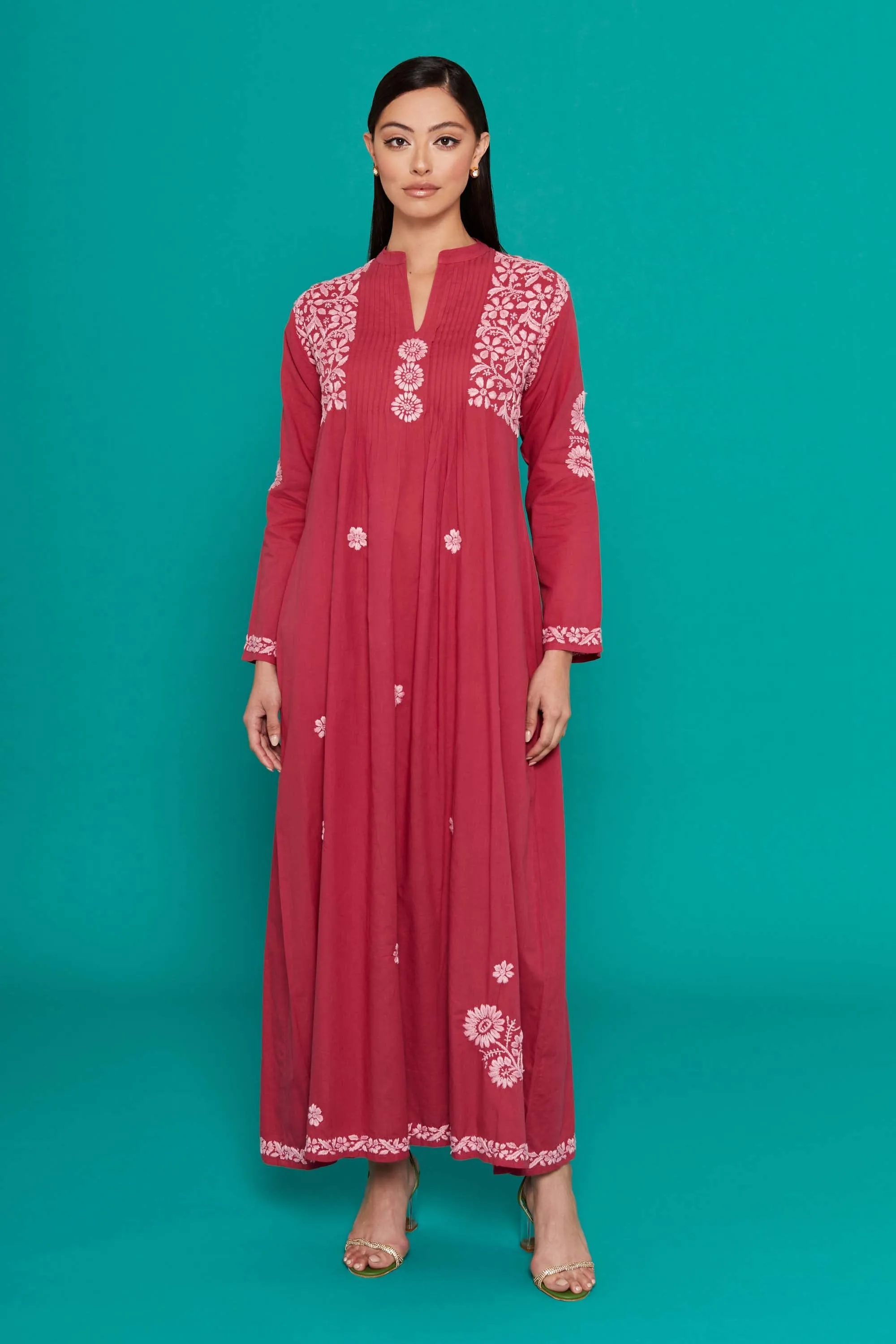 Embroidered Chikankari Kaftan in Red Bud