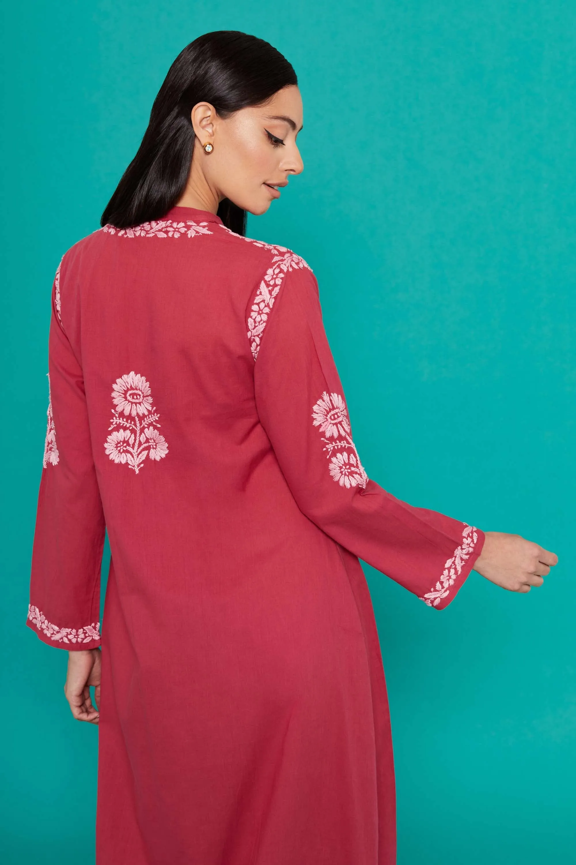 Embroidered Chikankari Kaftan in Red Bud