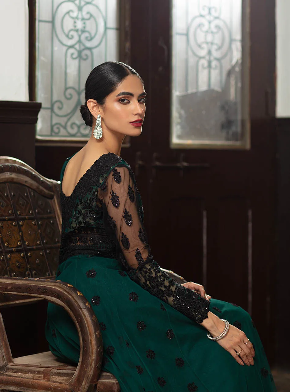 Embroidered Net Saree In Emerald Green Color #PF233