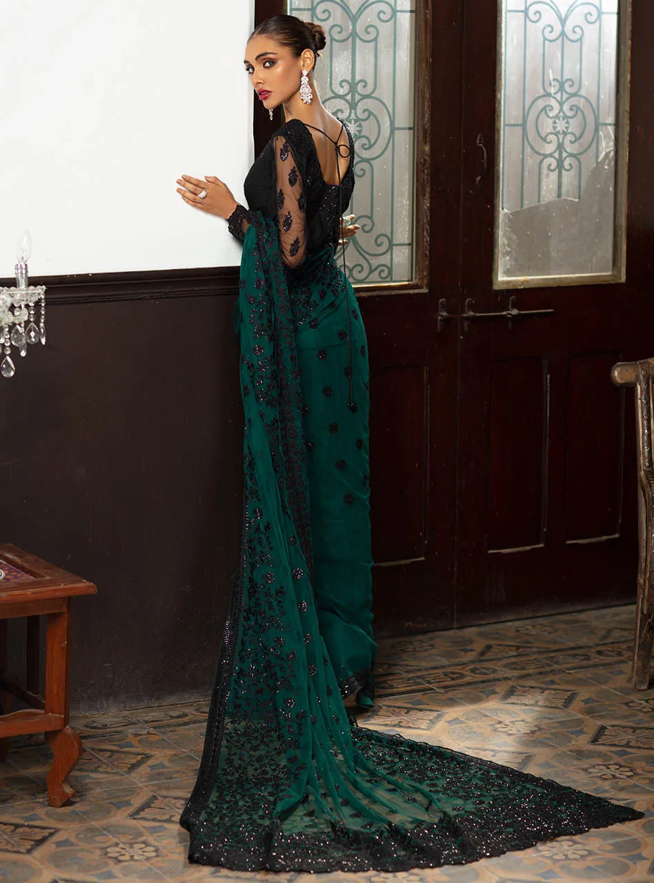 Embroidered Net Saree In Emerald Green Color #PF233