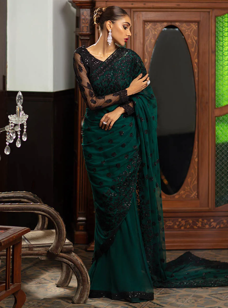 Embroidered Net Saree In Emerald Green Color #PF233